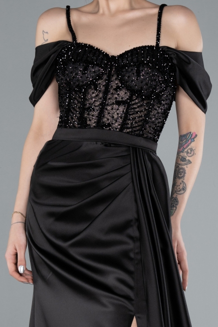 Abendkleid Lang Satin Schwarz ABU4801
