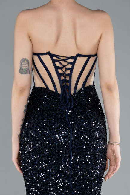 Abendkleid im Meerjungfrau-Stil Lang Schuppig Marineblau ABU4790