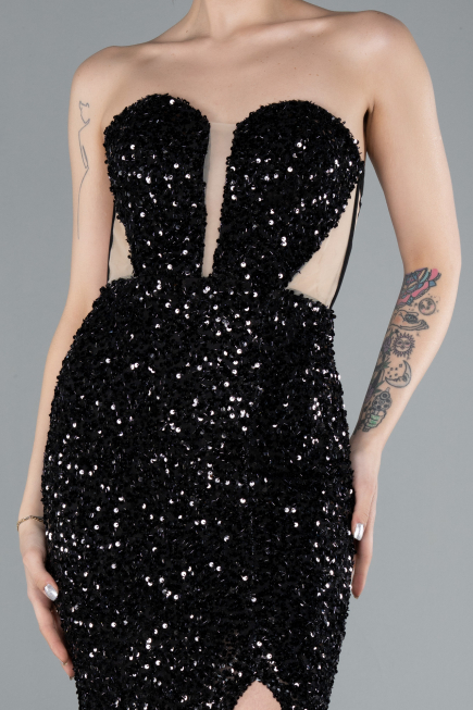 Abendkleid im Meerjungfrau-Stil Lang Schuppig Schwarz ABU4790