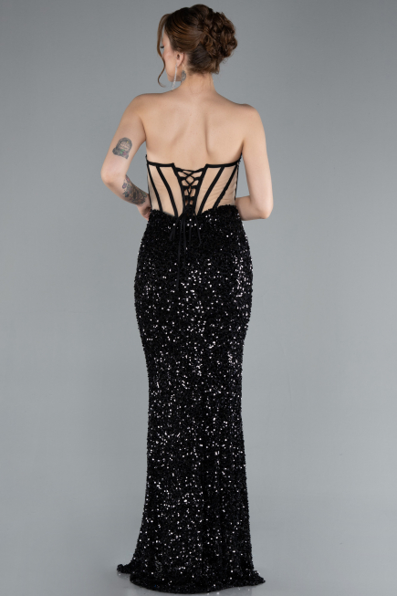 Abendkleid im Meerjungfrau-Stil Lang Schuppig Schwarz ABU4790