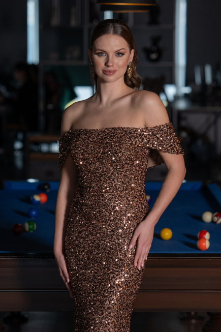 Abendkleid im Meerjungfrau-Stil Lang Schuppig Kupfer ABU4778