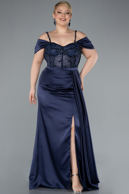 Kleider in Großen Größen Lang Satin Marineblau ABU4803