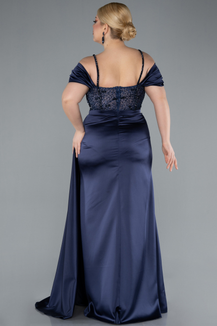Kleider in Großen Größen Lang Satin Marineblau ABU4803