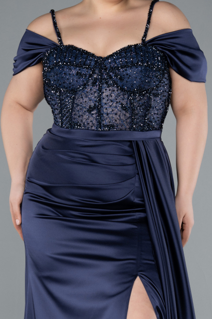 Kleider in Großen Größen Lang Satin Marineblau ABU4803