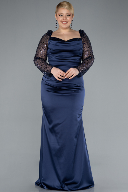Kleider in Großen Größen Lang Satin Marineblau ABU4670