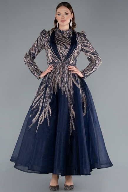Hijab-Abendkleid Midi Marineblau ABK2311