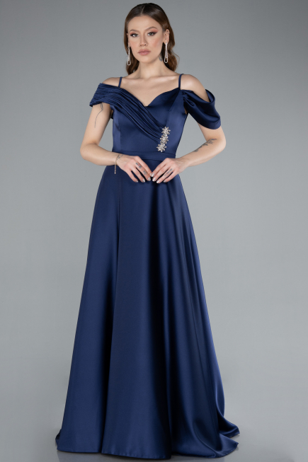 Abendkleid Lang Satin Marineblau ABU4868