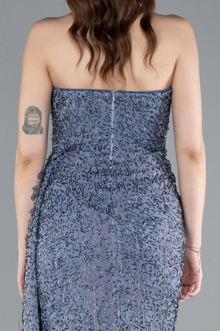 Abendkleid Lang Perlenbesetzt Grau-Indigo ABU4871