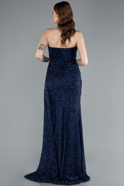 Abendkleid Lang Perlenbesetzt Marineblau ABU4871