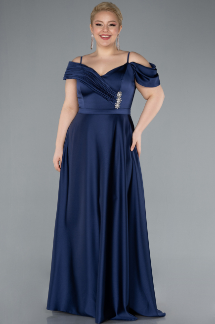 Kleider in Großen Größen Lang Satin Marineblau ABU4869