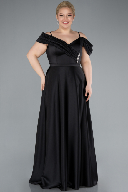 Kleider in Großen Größen Lang Satin Schwarz ABU4869