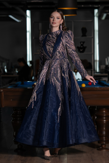 Hijab-Abendkleid Midi Marineblau ABK2311