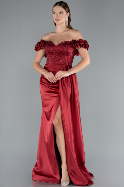 Abendkleid Lang Satin Weinrot ABU4895