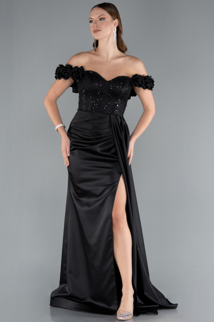 Abendkleid Lang Satin Schwarz ABU4895