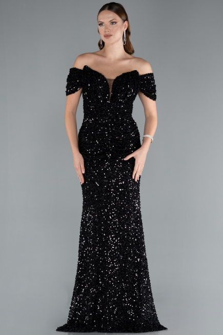 Abendkleid im Meerjungfrau-Stil Lang Schuppig Schwarz ABU4906