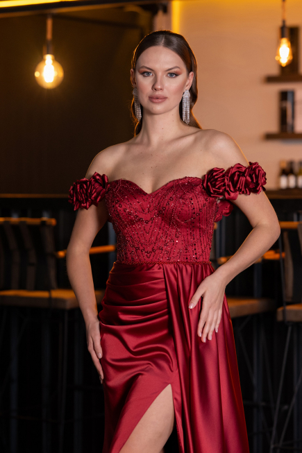 Abendkleid Lang Satin Weinrot ABU4895