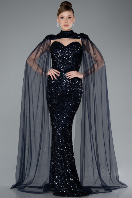 Abendkleid Lang Schuppig Marineblau ABU4910