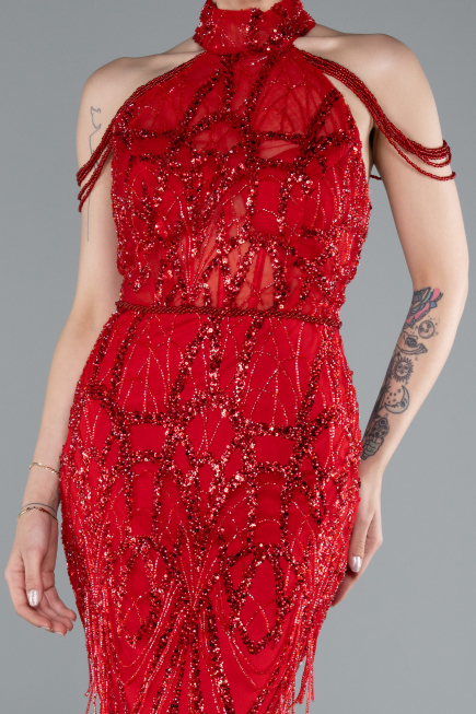 Abendkleid Lang Perlenbesetzt Rot ABU4912