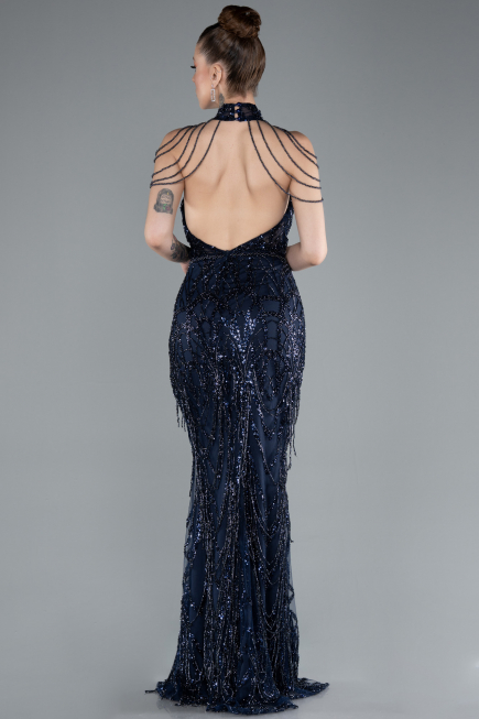 Abendkleid Lang Perlenbesetzt Marineblau ABU4912