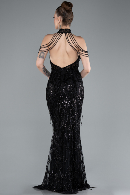 Abendkleid Lang Perlenbesetzt Schwarz ABU4912