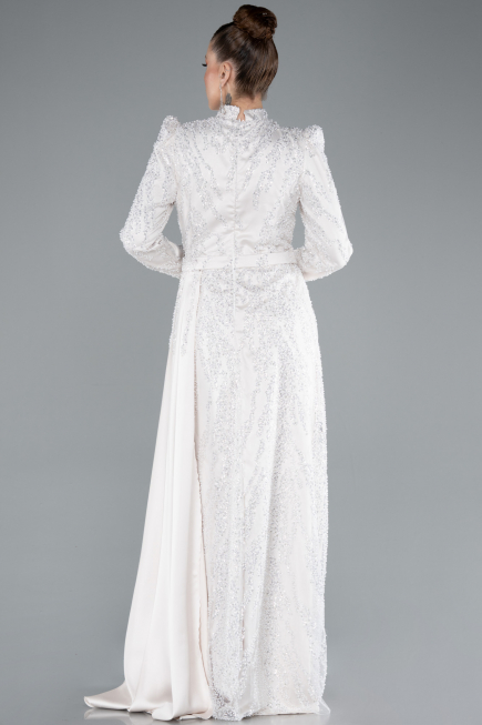 Hijab-Abendkleid Lang Perlenbesetzt Beige ABU4941