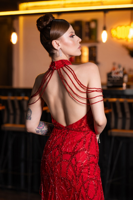 Abendkleid Lang Perlenbesetzt Rot ABU4912
