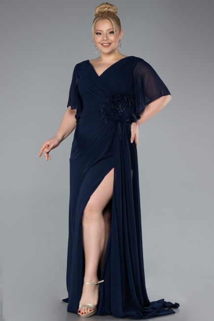 Abendgarderobe in Großen Größen Lang Chiffon Marineblau ABU4911