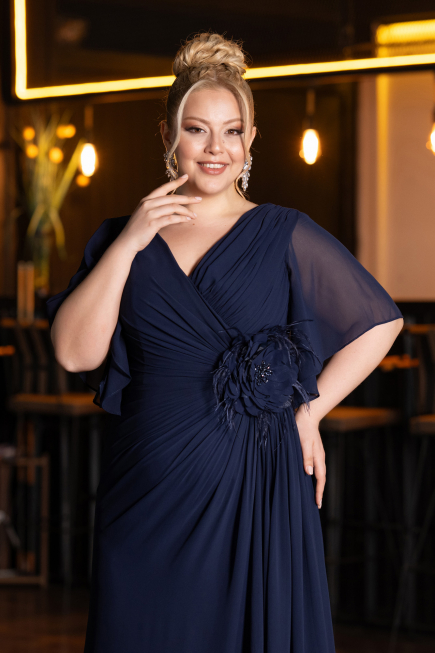 Abendgarderobe in Großen Größen Lang Chiffon Marineblau ABU4911