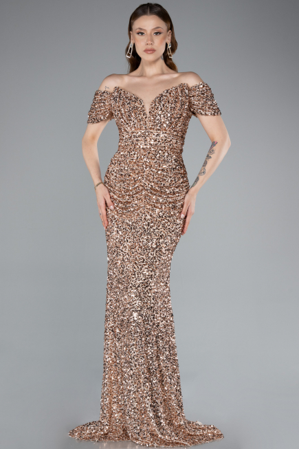 Gold Abendkleid İm Meerjungfrau-Stil Schuppig Lang ABU4906