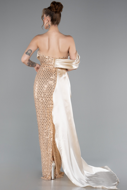 Abendkleid im Meerjungfrau-Stil Lang Perlenbesetzt Gold ABU4986