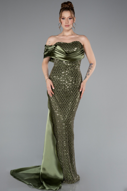 Abendkleid im Meerjungfrau-Stil Lang Perlenbesetzt Khaki ABU4986