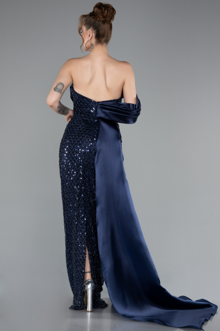 Abendkleid im Meerjungfrau-Stil Lang Perlenbesetzt Marineblau ABU4986