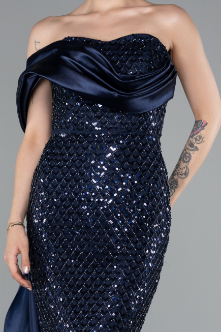 Abendkleid im Meerjungfrau-Stil Lang Perlenbesetzt Marineblau ABU4986