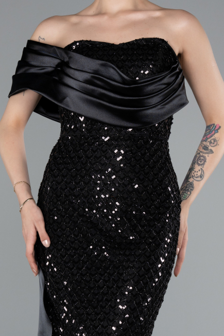 Abendkleid im Meerjungfrau-Stil Lang Perlenbesetzt Schwarz ABU4986