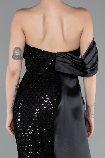 Abendkleid im Meerjungfrau-Stil Lang Perlenbesetzt Schwarz ABU4986