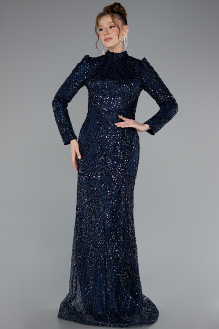 Hijab-Abendkleid Lang Perlenbesetzt Marineblau ABU4992