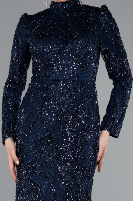 Hijab-Abendkleid Lang Perlenbesetzt Marineblau ABU4992