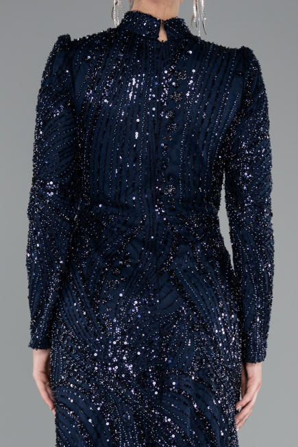 Hijab-Abendkleid Lang Perlenbesetzt Marineblau ABU4992