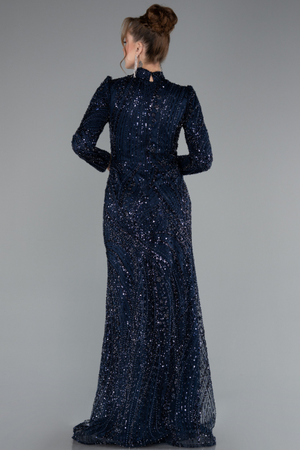 Hijab-Abendkleid Lang Perlenbesetzt Marineblau ABU4992