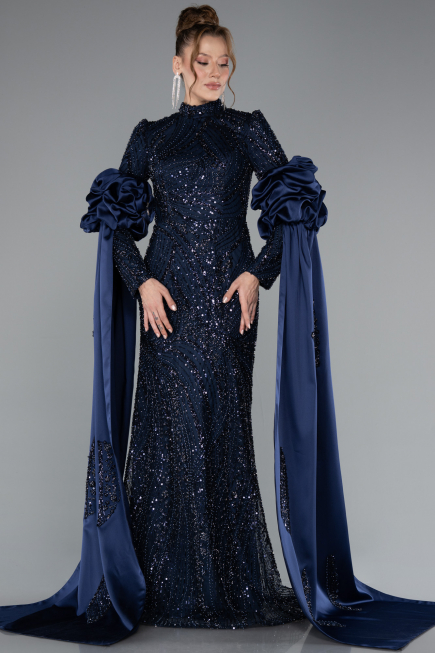 Hijab-Abendkleid Lang Perlenbesetzt Marineblau ABU4992
