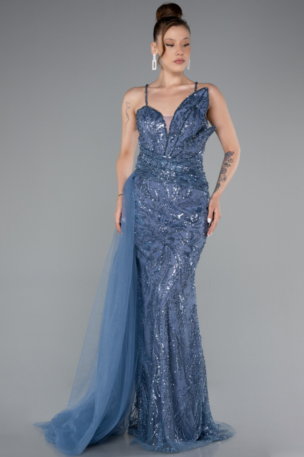 Abendkleid Lang Perlenbesetzt Indigo ABU5003