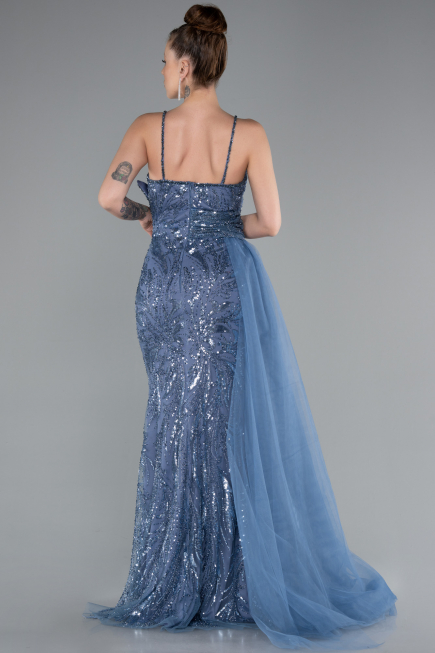 Abendkleid Lang Perlenbesetzt Indigo ABU5003