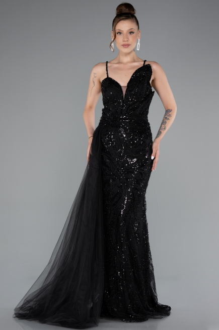 Abendkleid Lang Perlenbesetzt Schwarz ABU5003