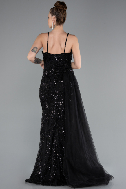 Abendkleid Lang Perlenbesetzt Schwarz ABU5003