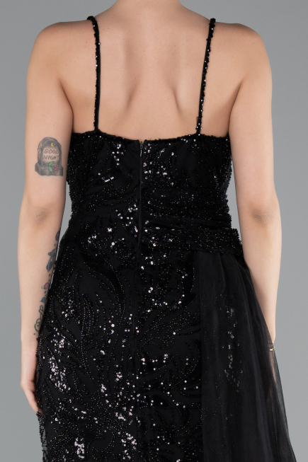 Abendkleid Lang Perlenbesetzt Schwarz ABU5003