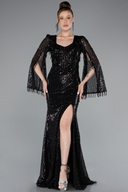 Abendkleid Lang Perlenbesetzt Schwarz ABU5002