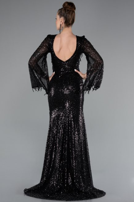 Abendkleid Lang Perlenbesetzt Schwarz ABU5002