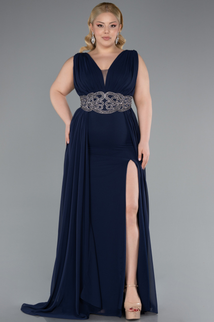 Kleider in Großen Größen Lang Chiffon Marineblau ABU5006