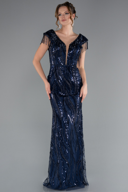 Abendkleid Lang Schuppig Marineblau ABU5030
