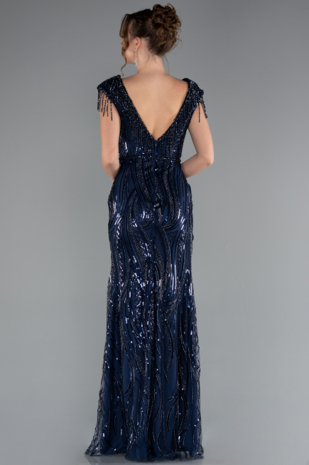 Abendkleid Lang Schuppig Marineblau ABU5030